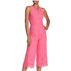 Trina Turk Pink Eyelet Scallop Hem Jumpsuit Size 8 Resort Coastal Chic
